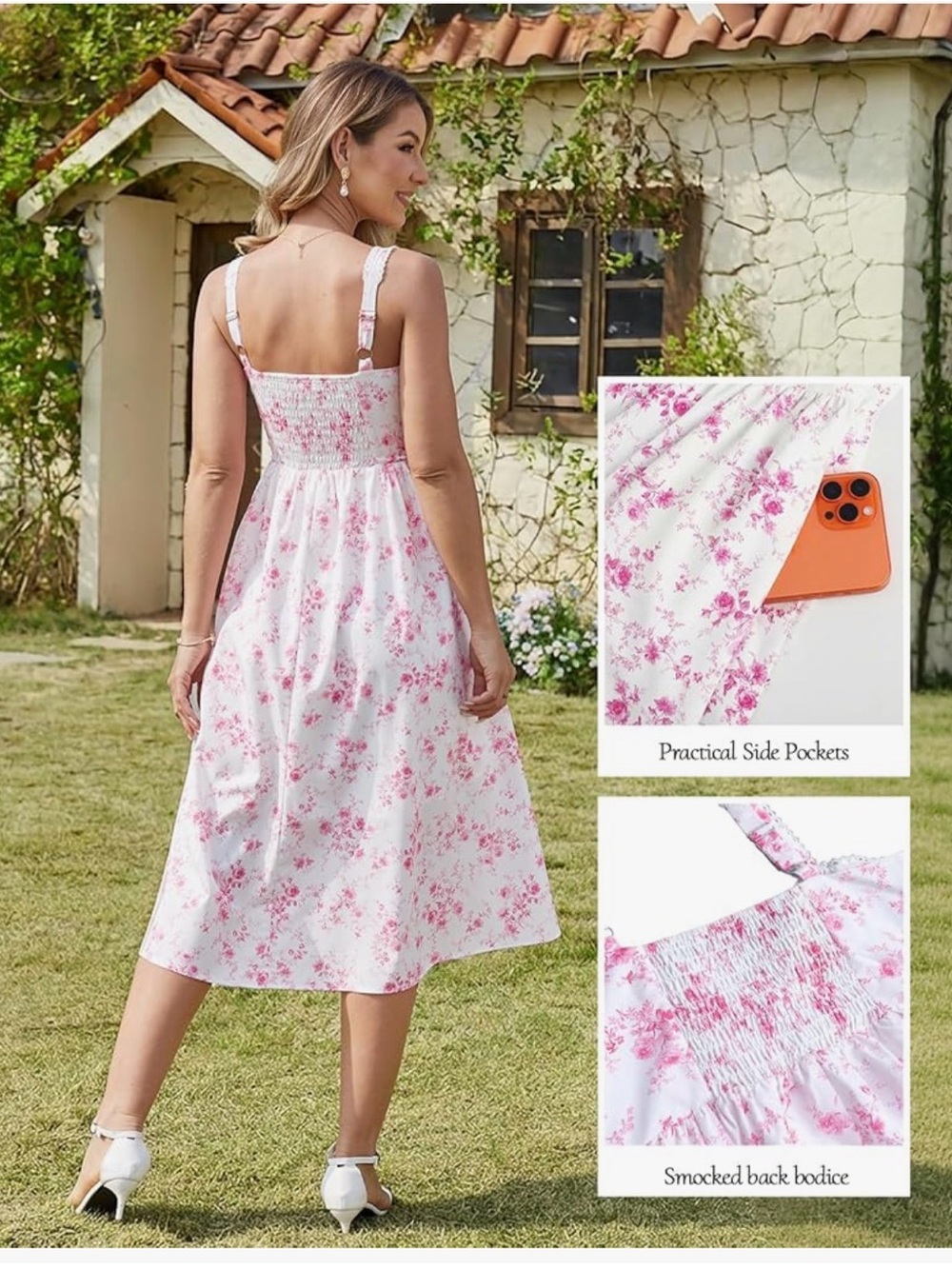 Floral Pink Midi Sundress with Tie Front - - Picture 2 of 16